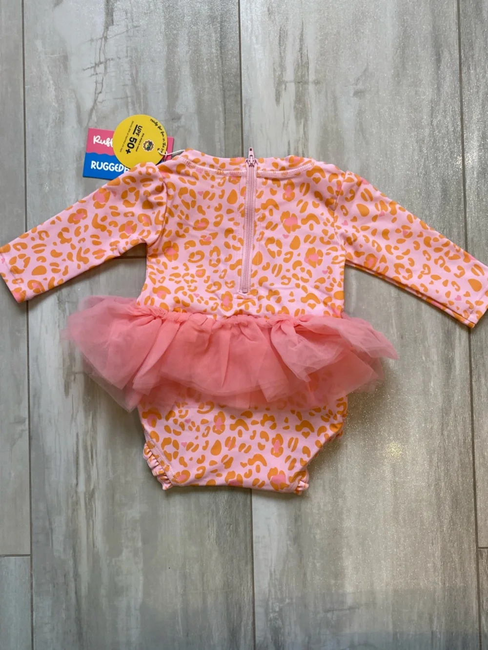 NWT RuffleButts Colorful Leopard Print Tulle Skirt Rashguard Swimsuit girls 3-6M